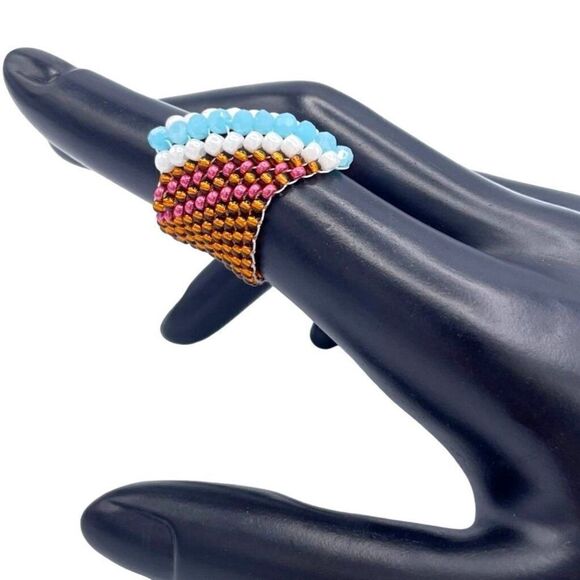 Bronze with White and Sky Blue Crystal Cellini Spiral Statement Ring Size 6 - Picture 5 of 6